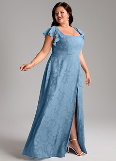 Azazie Bondi Bridesmaid Dresses Steel Blue A-Line Side Slit Floral Burnout Dress image9