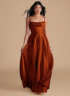 Azazie Elle Probar vestidos en casa Vestido de Castaño de Satén Metálico de Corte en A con Con bolsillos image5