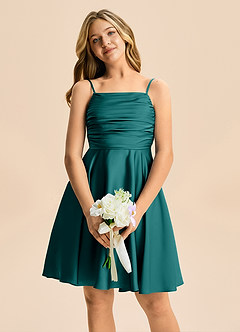 Azazie Miko Junior Vestido de Pavo Real de Satén Elástico de Corte en A con Plisado image6