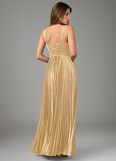 Azazie Avenelle Bridesmaid Dresses Gold A-Line Corset Stretch Satin Dress image2