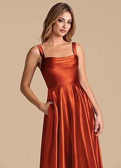 Azazie Shaude Bridesmaid Dresses Paprika A-Line Pleated Metallic Satin Dress image2