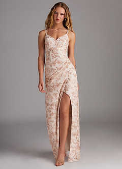 Azazie Leo Abiti da Damigella Abito Sirena in Chiffon con Scollo a V a Pieghe Pink Fern Floral image3