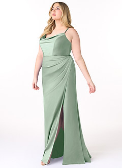 Azazie Marzia Bridesmaid Dresses Agave Sheath Cowl Pleated Stretch Satin Dress image9