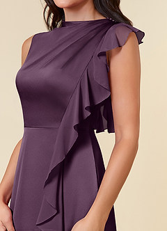 Azazie Narine Mother of the Bride Dresses Plum A-Line High Neckline Pleated Stretch Satin Dress image4