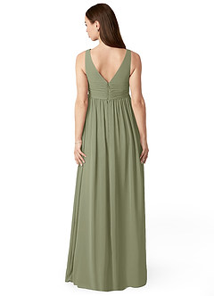 Azazie Yetta At-home Try On Dresses A-Line V-Neck Gathered Chiffon Floor-Length Dress image2