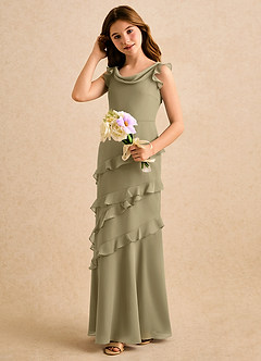 Azazie Aria Girls Formal vestidos de niña de las flores Vestido de Musgo Verde de Gasa de Corte Sirena con Volante image5