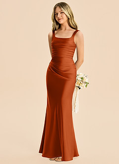 Azazie Agustina Junior Burnt Orange Sheath Pleated Stretch Satin Dress image1
