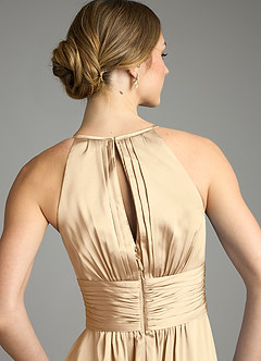 Azazie Bonnie Bridesmaid Dresses Champagne A-Line Pleated Stretch Satin Dress image6