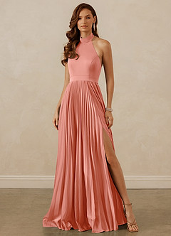 Christian Siriano Bridal for Azazie 1007 Bridesmaid Dresses Coral A-Line Pleated Stretch Satin Dress image1