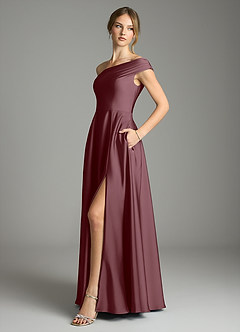 Azazie Melanie Bridesmaid Dresses Sangria A-Line Off the Shoulder Stretch Satin Dress image4