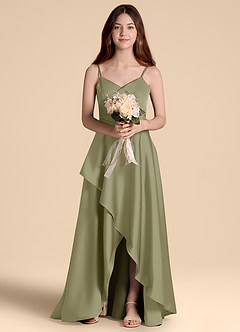 Azazie Prisha Junior Vestido de Pistacho de Satén Elástico de Corte en A con Plisado image6