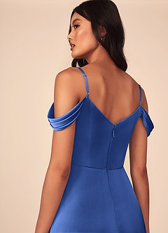 Azazie Ocean Bridesmaid Dresses Royal Blue A-Line V-Neck Pleated Stretch Satin Dress image4