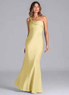 Azazie Driea Bridesmaid Dresses Lemon Sorbet Mermaid One Shoulder Stretch Satin Dress image3