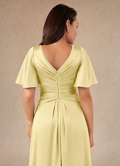 Azazie Emmeline Mother of the Bride Dresses Lemon Sorbet A-Line Pleated Stretch Satin Dress image4