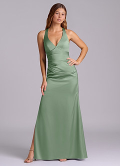 Azazie Amelie Robes de demoiselle d'honneur Robe Trapèze en Satin extensible Plissée Matcha image5