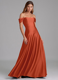 Azazie Seriana Vestidos de madrinha de casamento Vestido Ferrugem de Cetim elástico de Linha A com Fora do ombro image4