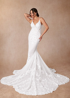 Azazie Selene Wedding Dresses Diamond White Mermaid V-Neck Lace Dress image4