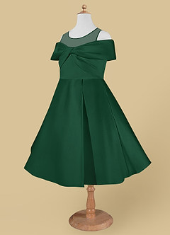 Azazie Shirin Robe Demoiselle D'honneur Fillette Robe Trapèze en Mat Satiné Épaule décolletée Vert Foncé image7