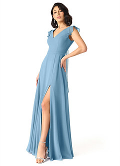 Azazie Claudine Jurken voor bruidsmeisjes Jurk van Chiffon met A-Lijn Fladdermouw Staal Blauw image3