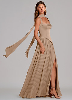 Azazie Stephanie 신부 들러리 드레스 A라인 주름진 스트레치 새틴 바닥 길이 드레스 image3