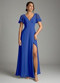 Azazie Kimber Bridesmaid Dresses Royal Blue A-Line Flounce Sleeve Chiffon Dress image2