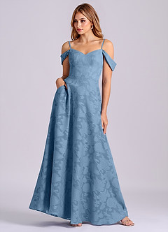 Azazie Marley Final Sale Steel Blue A-Line Off the Shoulder Floral Burnout Convertible Dress image4