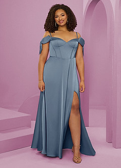 Barbie ♥ Azazie Bridesmaid Dresses Dusty Blue A-Line Off the Shoulder Stretch Satin Dress image8