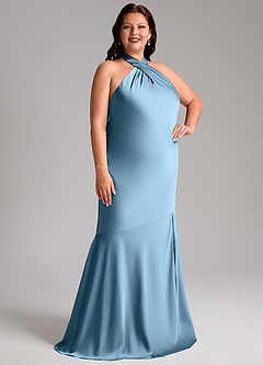 Azazie Lorena Bridesmaid Dresses Steel Blue Mermaid Pleated Stretch Satin Dress image10