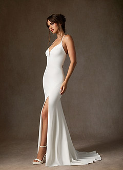 Azazie Iden Wedding Dresses Diamond White Champagne Mermaid V-Neck Stretch Crepe Dress image3