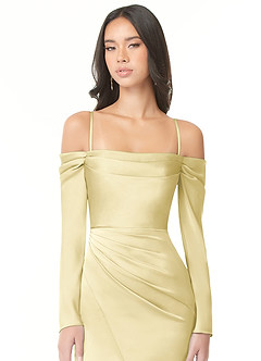 Azazie Hallie Bridesmaid Dresses Lemon Sorbet Mermaid Off-The-Shoulder Long Sleeve Stretch Satin Convertible Dress image2