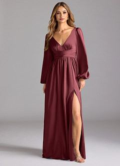 Azazie Norah Vestidos de damas de honor Vestido de Merlot de Satén Elástico de Corte en A image1
