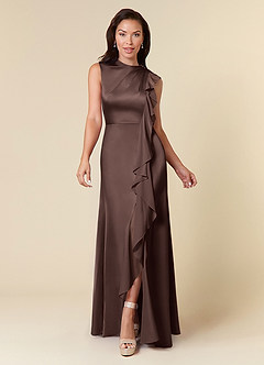 Azazie Narine Mother of the Bride Dresses Ganache A-Line High Neckline Pleated Stretch Satin Dress image3