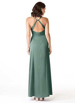 Azazie Geanna Bridesmaid Dresses Eucalyptus Sheath V-Neck Pleated Stretch Satin Dress image2