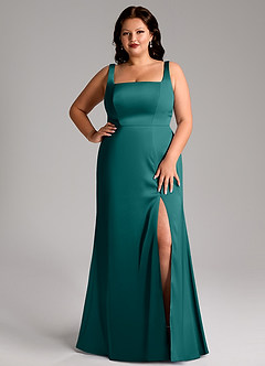 Azazie Frostine Bridesmaid Dresses Peacock A-Line Bow Stretch Satin Dress image14