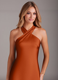 Azazie Doretta 신부 들러리 드레스 인어 주름진 스트레치 새틴 발목 길이 드레스 image5