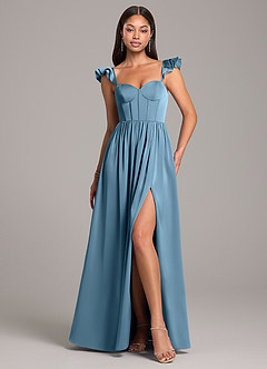 Azazie Denisse Bridesmaid Dresses Steel Blue A-Line Ruched Stretch Satin Dress image1