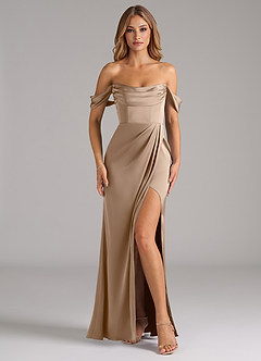 Azazie Johana Bridesmaid Dresses Taupe Mermaid Off the Shoulder Stretch Satin Convertible Dress image3