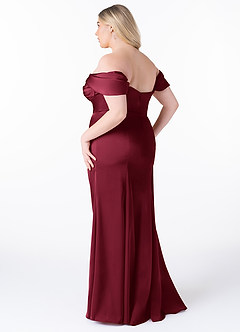 Azazie Amyra At-home Try On Dresses Burgundy Mermaid Off the Shoulder Stretch Satin Convertible Dress image12