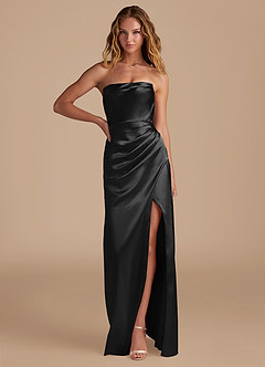 Azazie Leonis Bridesmaid Dresses Black Mermaid Pleated Metallic Satin Convertible Dress image1