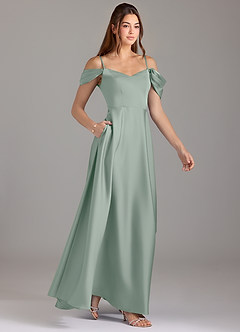 Azazie Marley At-home Try On Dresses Agave A-Line Off the Shoulder Stretch Satin Convertible Dress image4