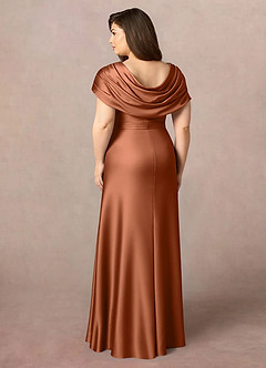 Azazie Branford At-home Try On Dresses Copper A-Line Pleated Stretch Satin Dress image10