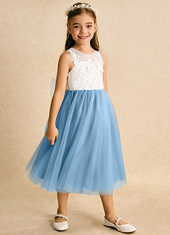 Azazie Lina Flower Girl Dresses Ivory Steel Blue Ball-Gown Lace Dress image3