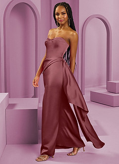 Barbie ♥ Azazie Robes de demoiselle d'honneur Robe Fourreau Convertible en Satin extensible Sans bretelle Rose Du Désert image6