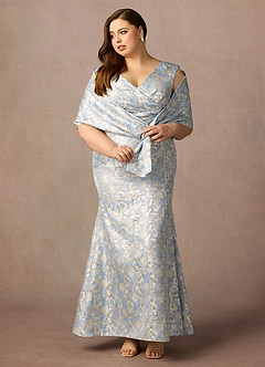 Azazie Elanor Kleider für die Brautmutter Meerjungfrau-Linie Plissee Jacquard 1 Kleid Staubblau image1