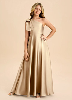 Azazie Penguin Junior Abito A-Line in Raso Elasticizzato Fiocco Champagne image3