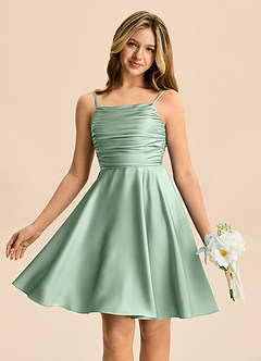 Azazie Miko Junior A라인 주름진 스트레치 새틴 미니 주니어 신부 들러리 드레스 image1