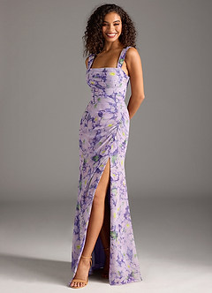 Azazie Jesaphine Robes de demoiselle d'honneur Robe Fourreau en Mousseline de soie Arc Lilas En Fleurs image1