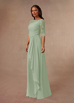 Azazie Dionysus Final Sale Dusty Sage A-Line Boatneck Lace Chiffon Dress image2