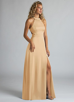 Azazie Clarice Bridesmaid Dresses Gold A-Line High Neck Stretch Satin Dress image2