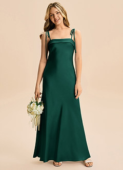 Azazie Willa Junior Emerald A-Line Bow Stretch Satin Dress image4